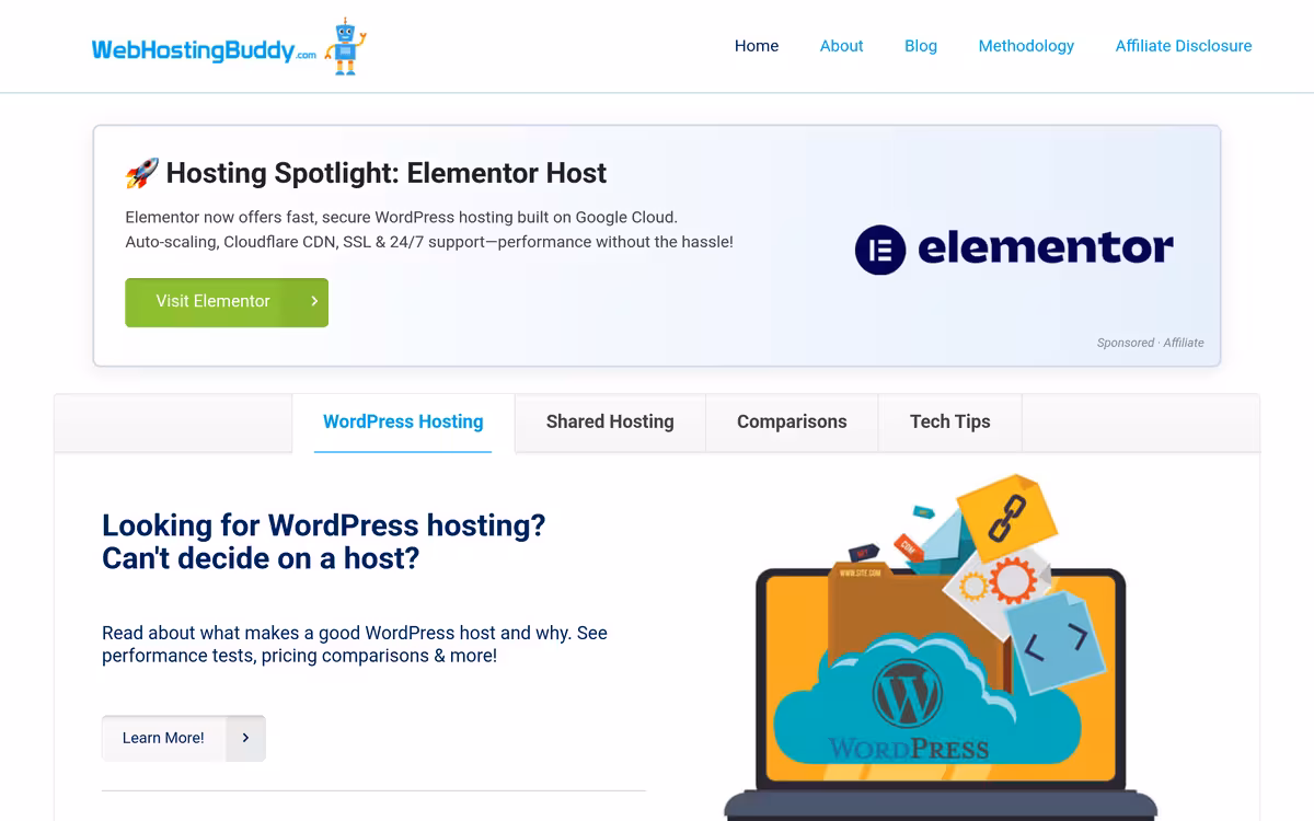 WebHostingBuddy (100+ hosts list) homepage screenshot