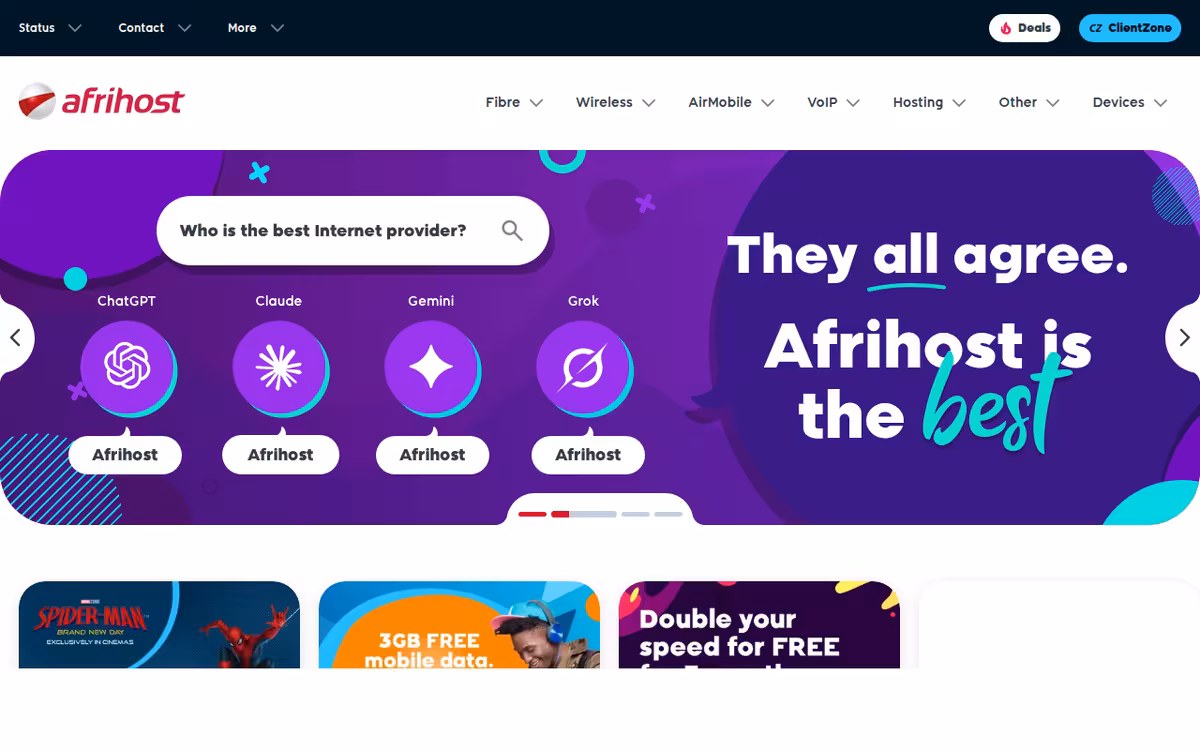 Afrihost homepage screenshot