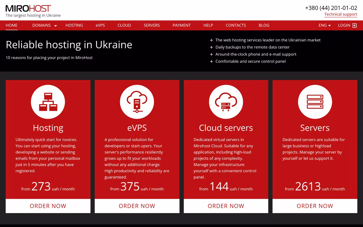 MiroHost homepage screenshot
