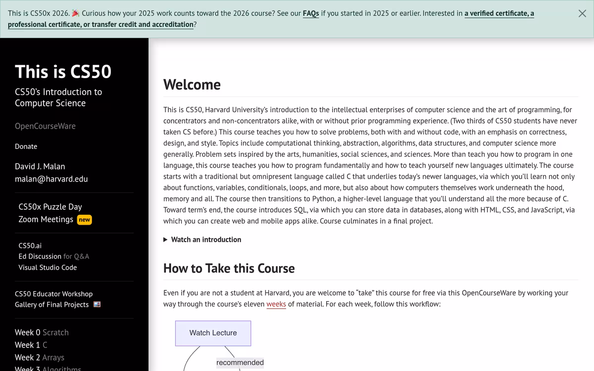 CS50’s Introduction to Computer Science homepage screenshot
