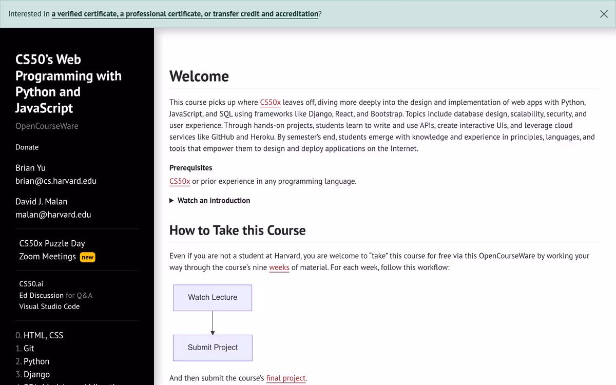 CS50’s Web Programming with Python and JavaScript homepage screenshot