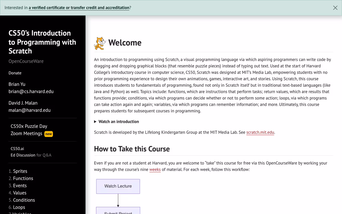 CS50’s Introduction to Programming with Scratch homepage screenshot