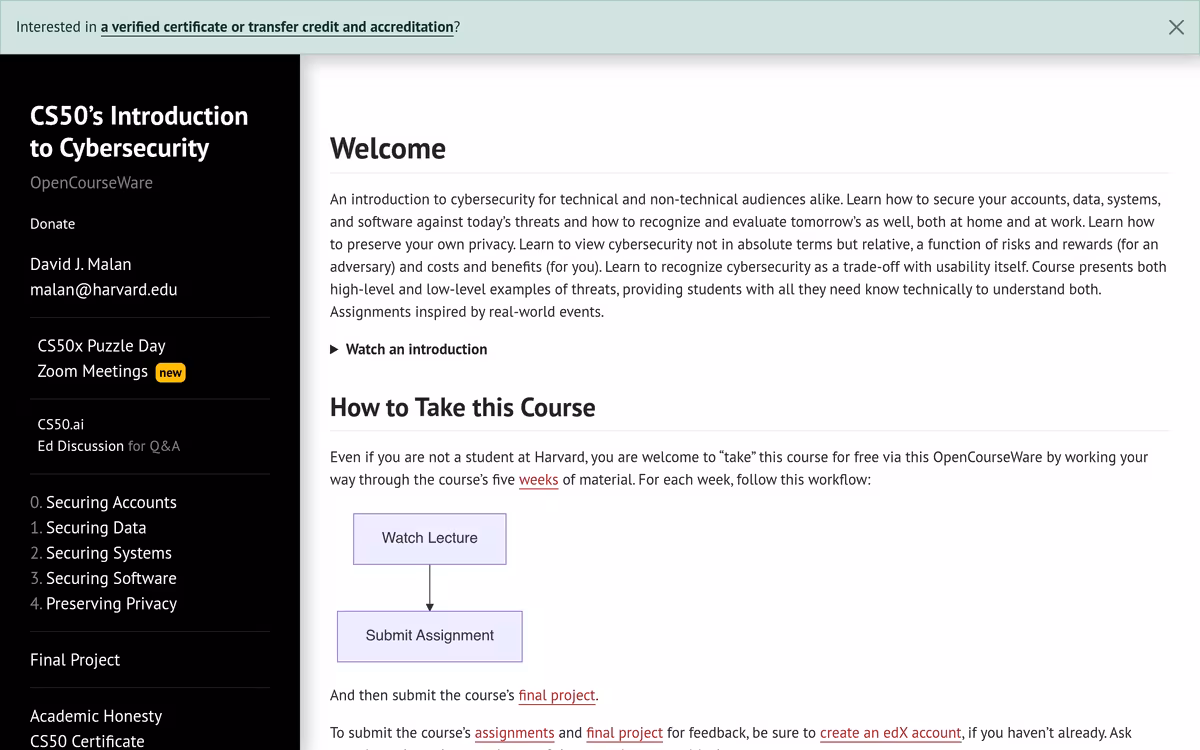 CS50’s Introduction to Cybersecurity homepage screenshot