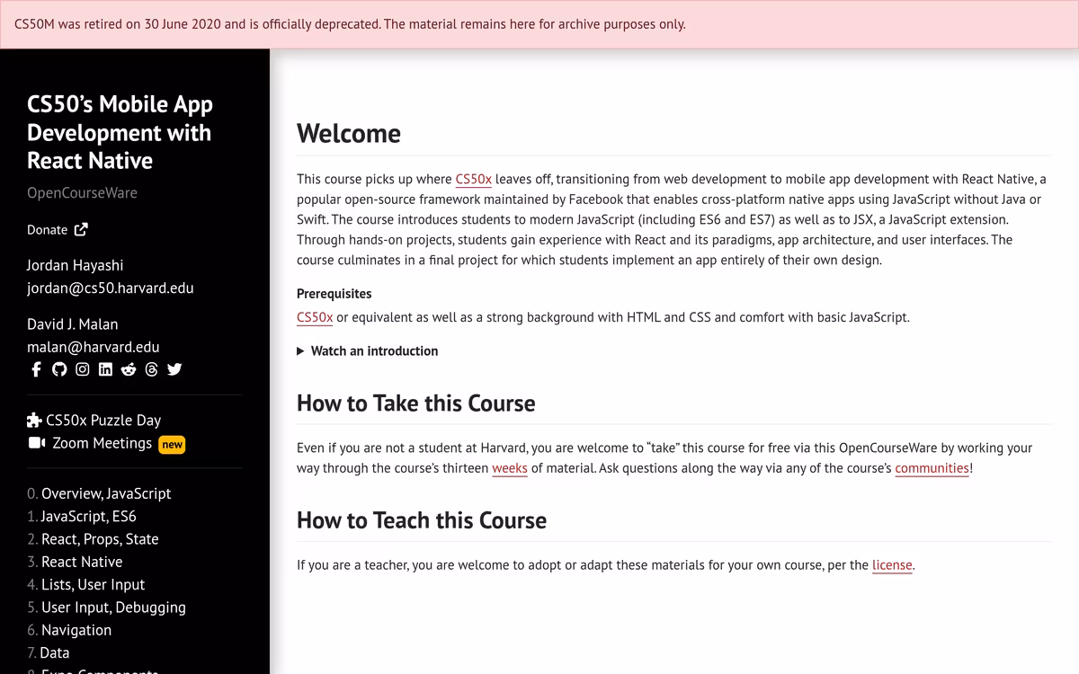 CS50’s Mobile App Development with React Native homepage screenshot