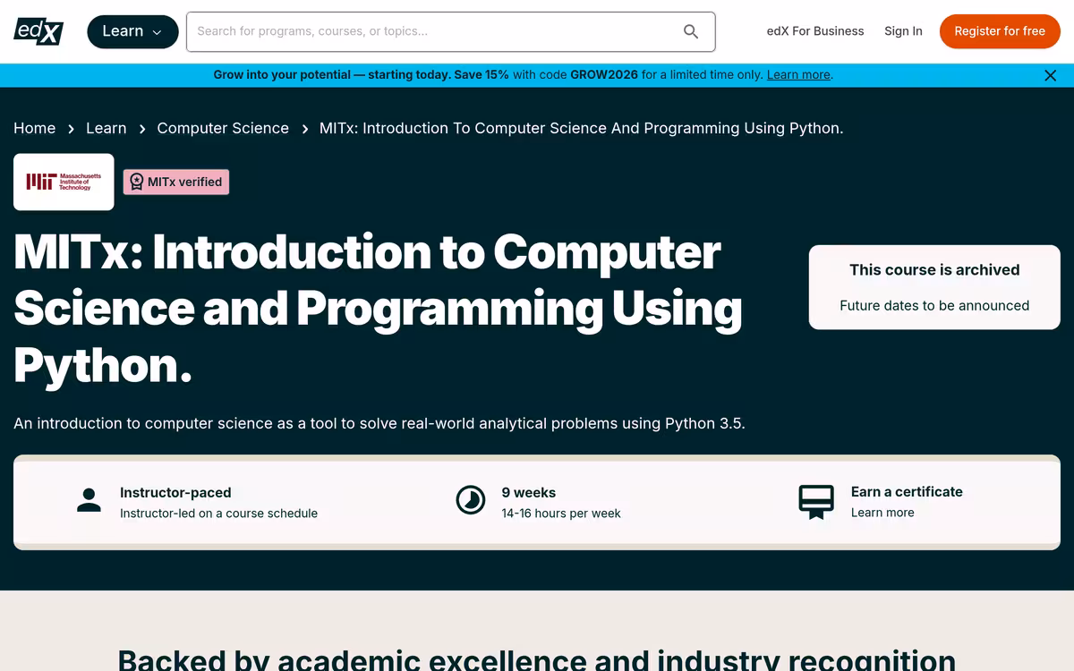 Introduction to Computer Science and Programming Using Python homepage screenshot