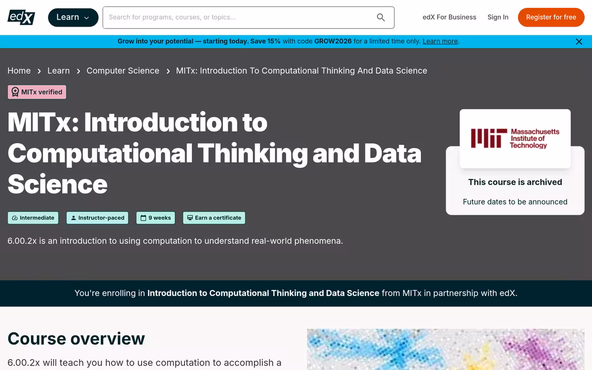 Introduction to Computational Thinking and Data Science homepage screenshot