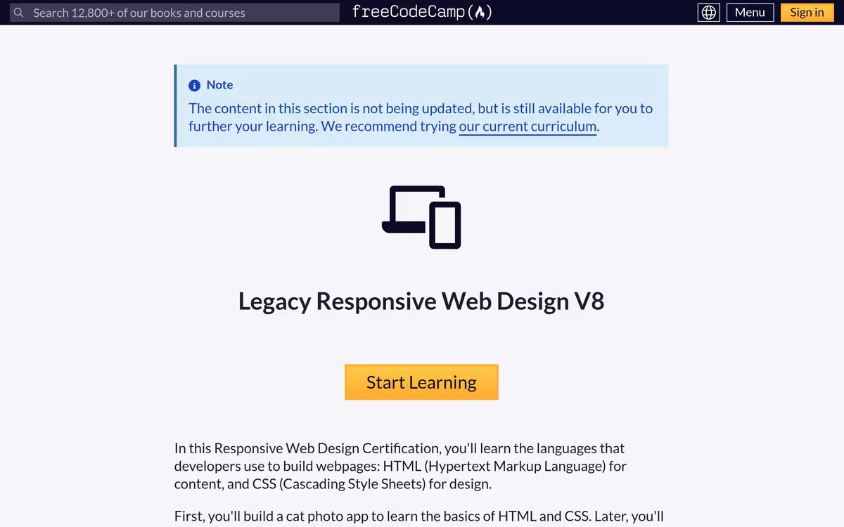 freeCodeCamp Responsive Web Design homepage screenshot