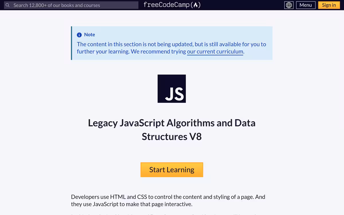 freeCodeCamp JavaScript Algorithms and Data Structures homepage screenshot