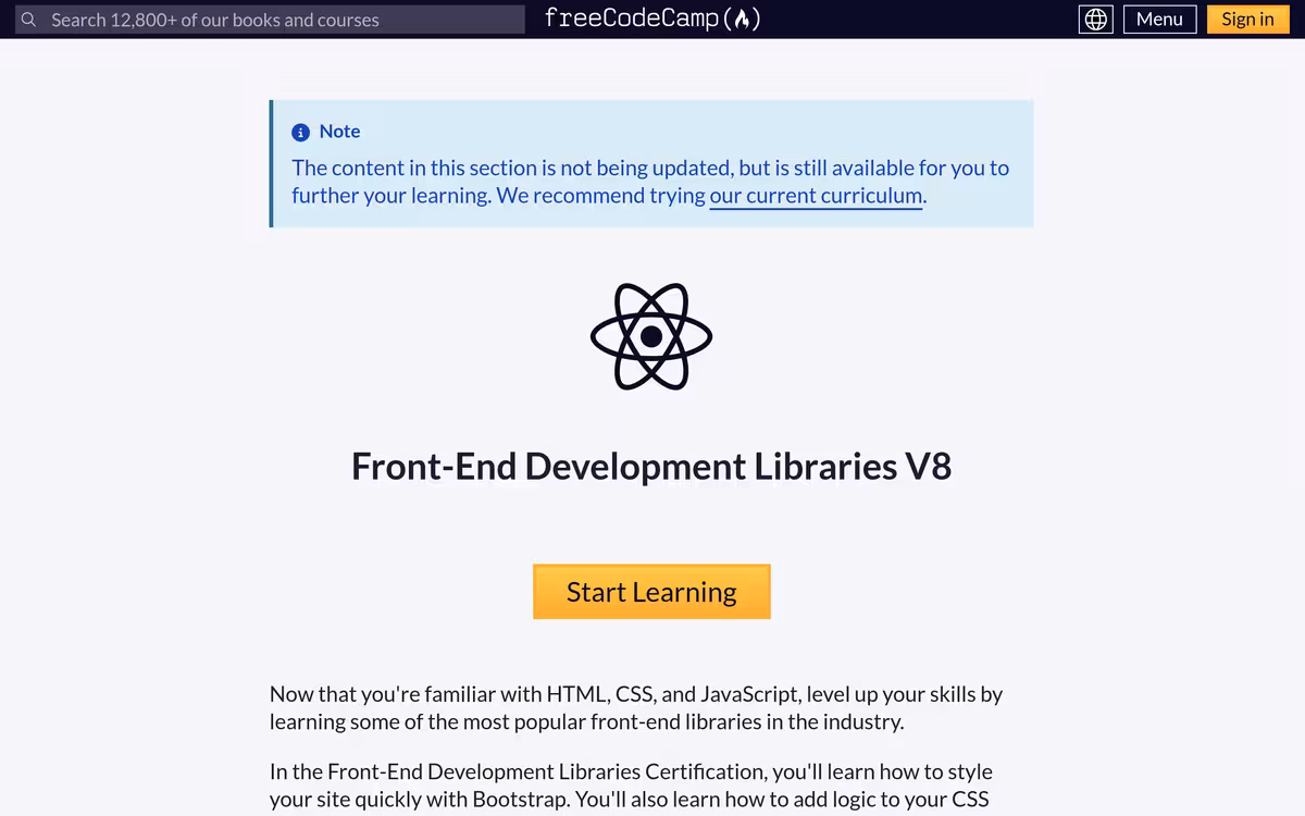 freeCodeCamp Front End Development Libraries homepage screenshot