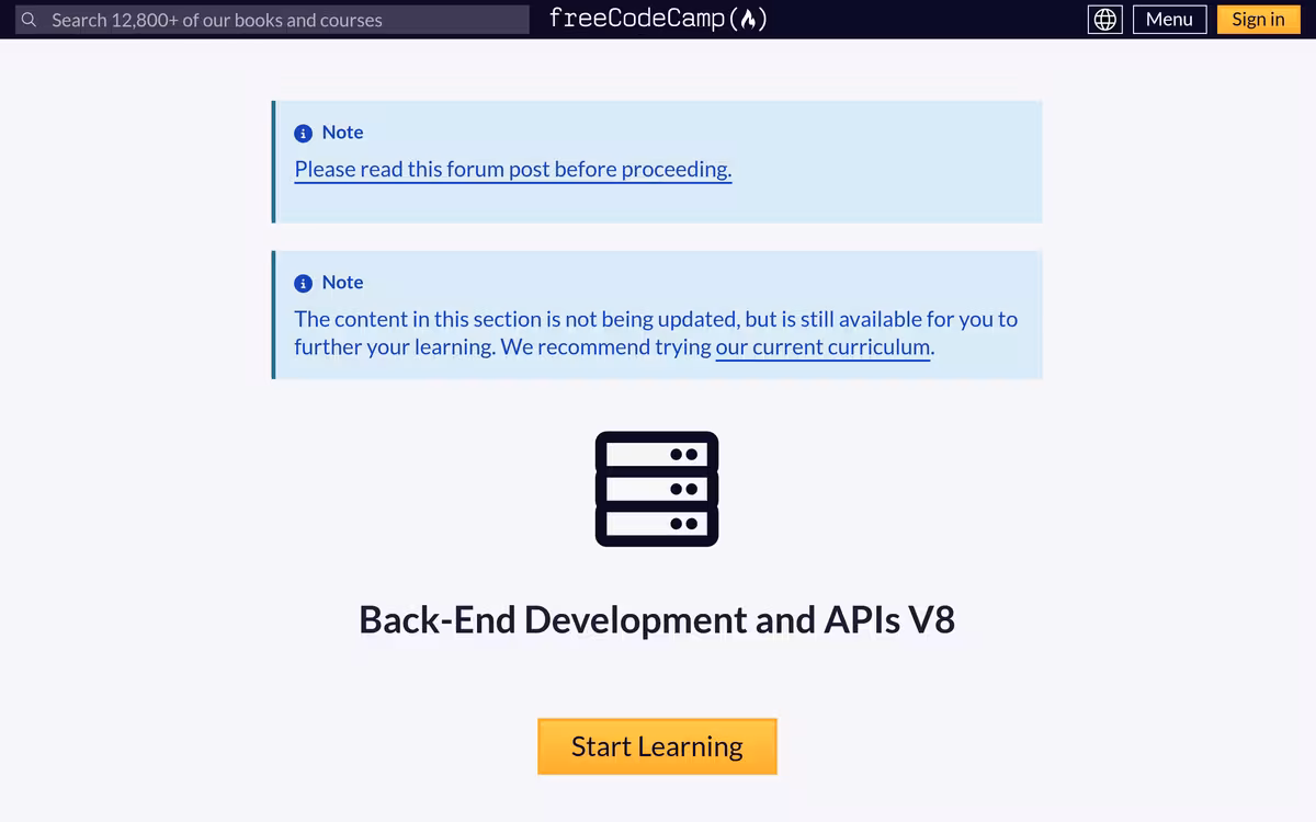 freeCodeCamp Back End Development and APIs homepage screenshot