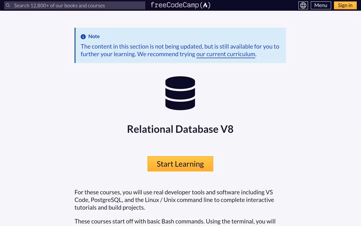 freeCodeCamp Relational Database homepage screenshot