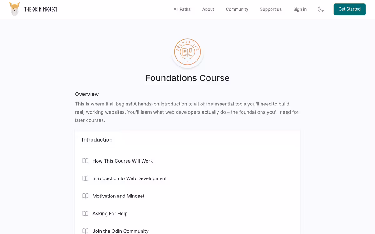 The Odin Project Foundations homepage screenshot