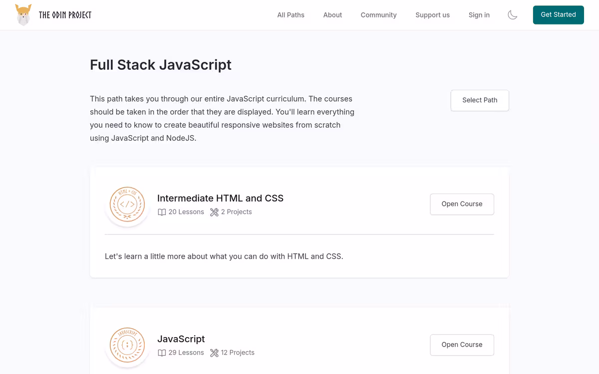 The Odin Project Full Stack JavaScript homepage screenshot