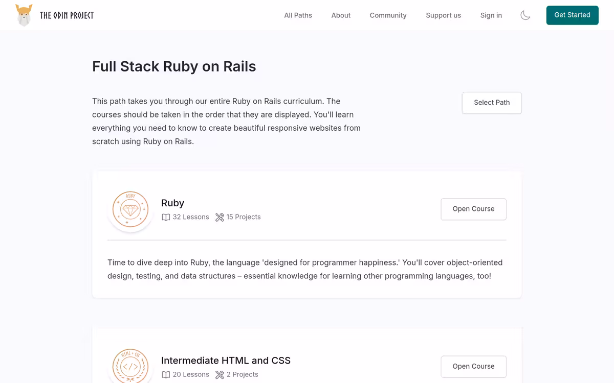 The Odin Project Full Stack Ruby homepage screenshot