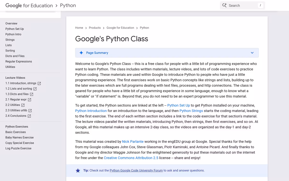 Google Python Class homepage screenshot