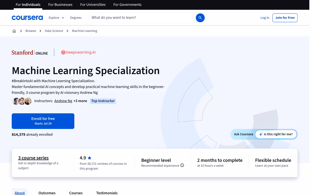 Machine Learning Specialization (audit) homepage screenshot
