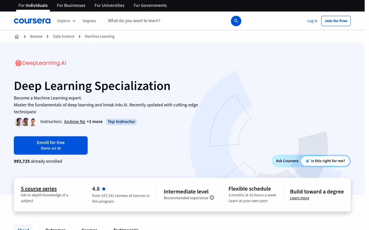 Deep Learning Specialization (audit) homepage screenshot