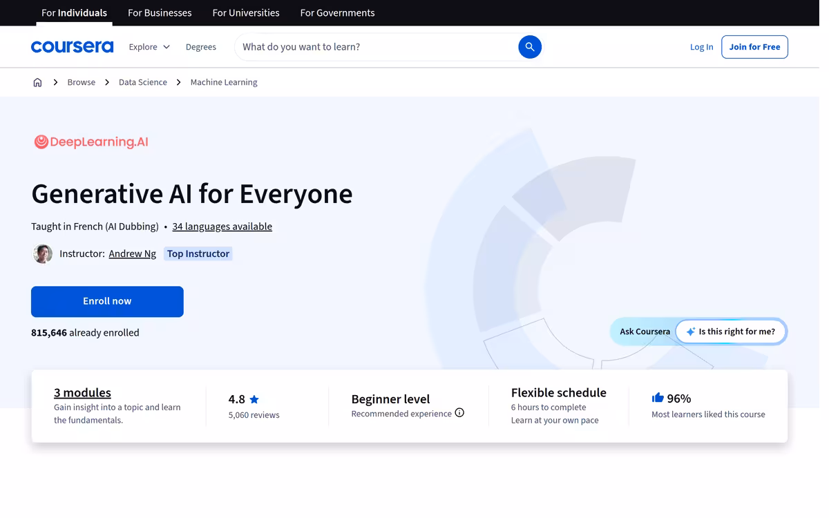 Generative AI for Everyone (audit) homepage screenshot