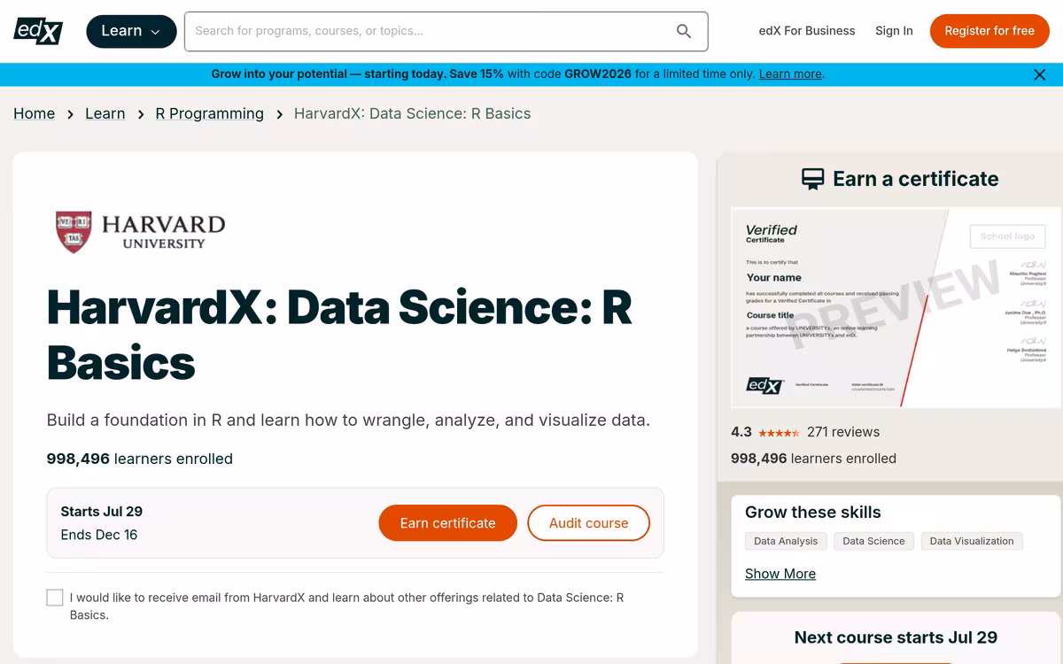 Data Science: R Basics homepage screenshot