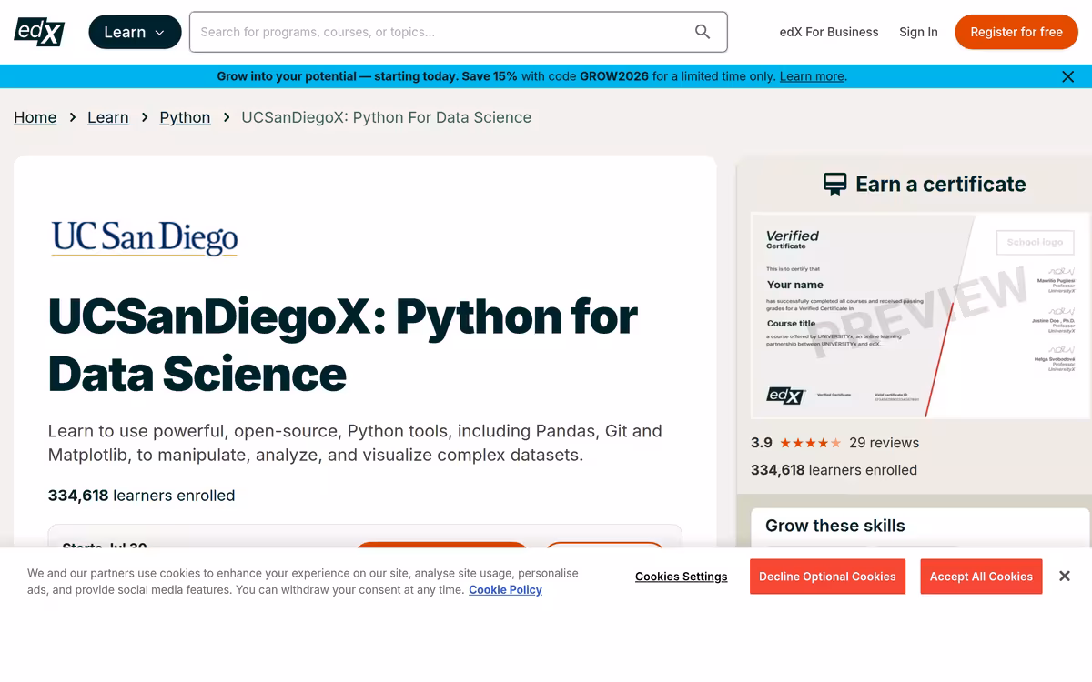 Python for Data Science homepage screenshot