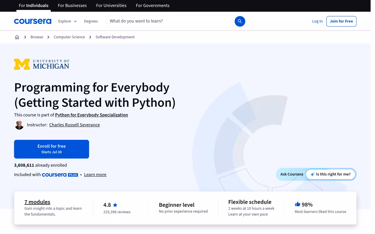 Programming for Everybody (Getting Started with Python) (audit) homepage screenshot