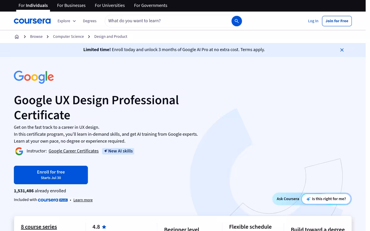 Google UX Design Professional Certificate (audit) homepage screenshot