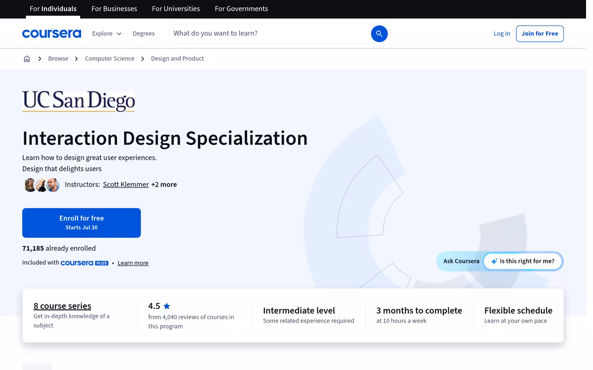 Interaction Design Specialization (audit) homepage screenshot