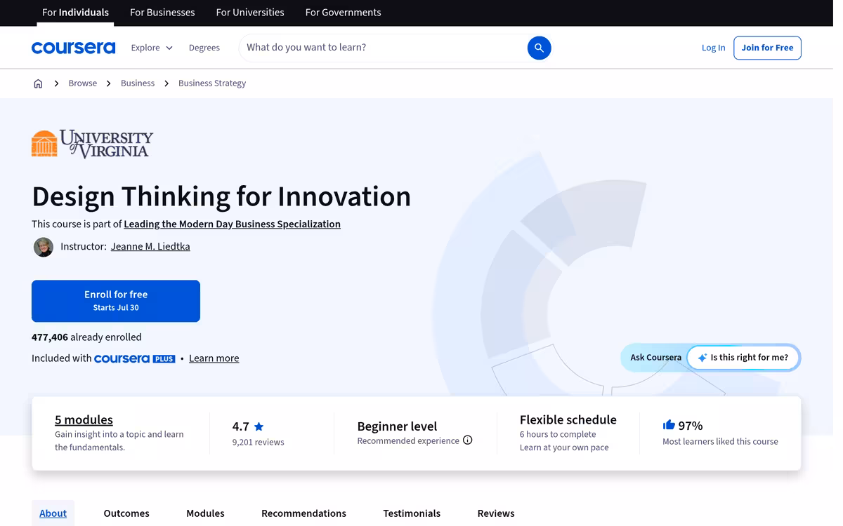 Design Thinking for Innovation (audit) homepage screenshot