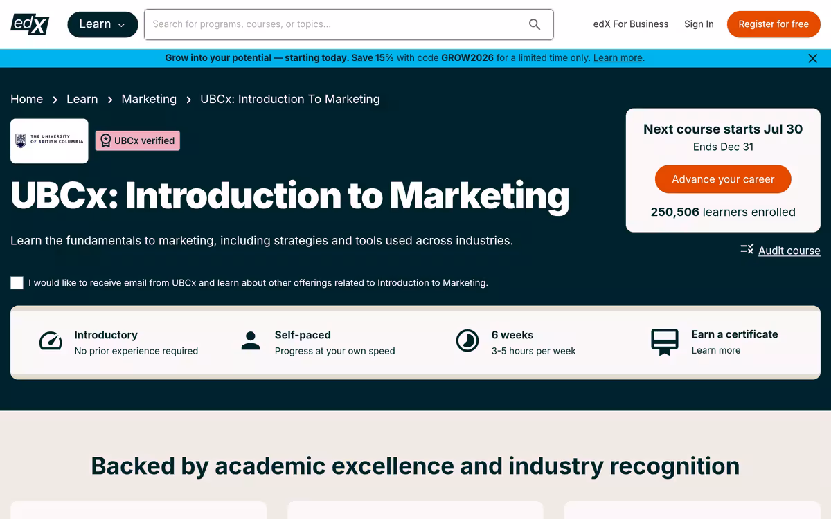 Introduction to Marketing homepage screenshot