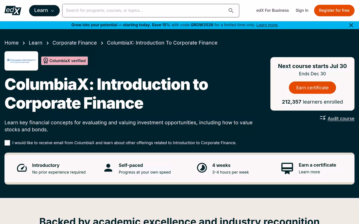 Introduction to Corporate Finance homepage screenshot