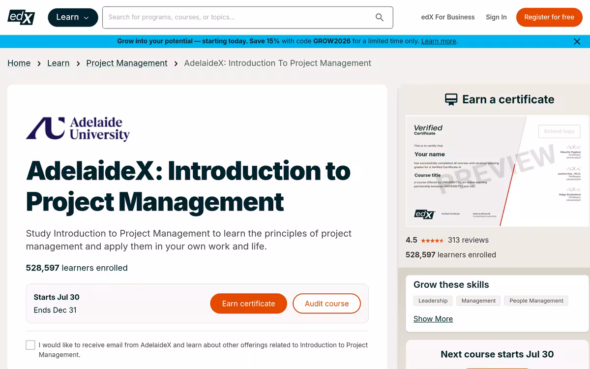 Introduction to Project Management homepage screenshot