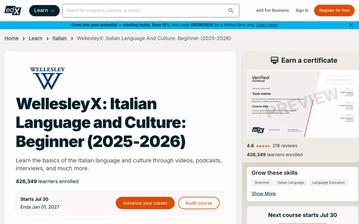 Italian Language and Culture: Beginner homepage screenshot