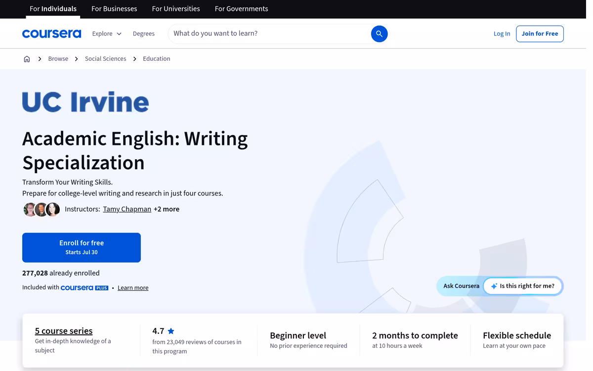 Academic English: Writing Specialization (audit) homepage screenshot