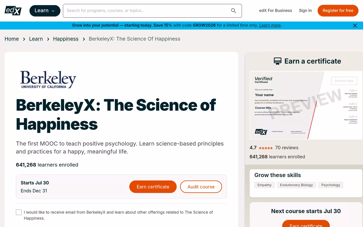 The Science of Happiness homepage screenshot