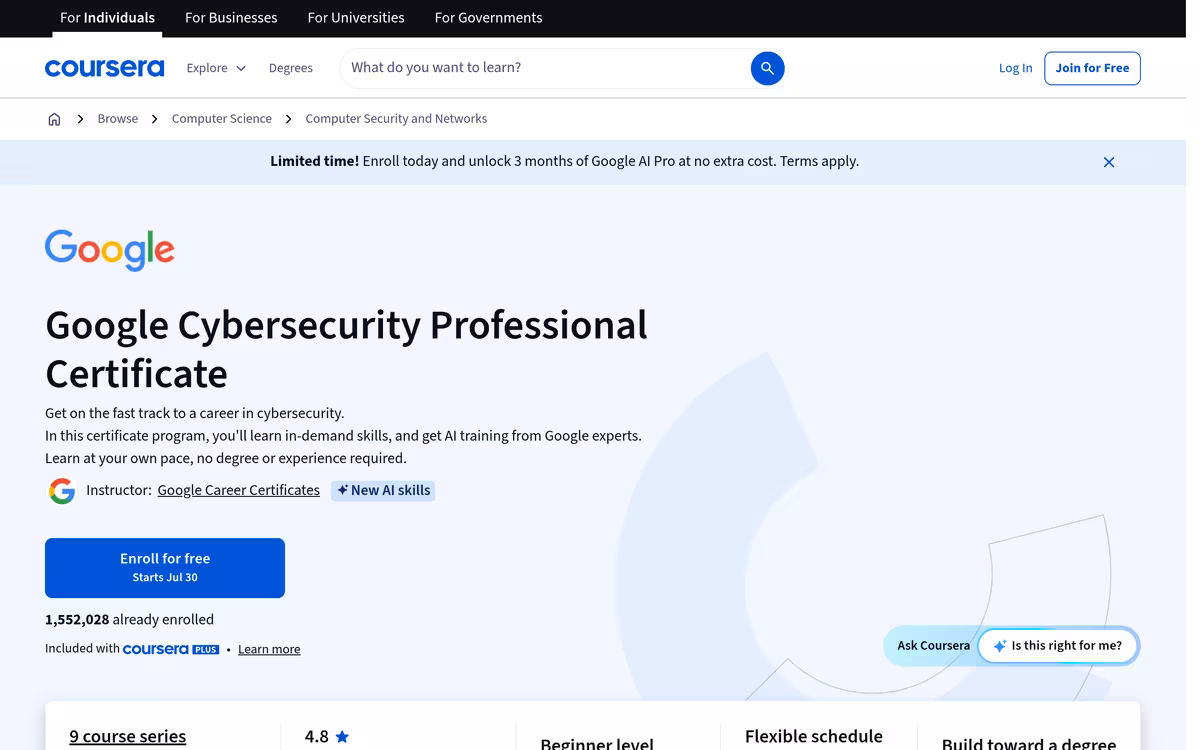 Google Cybersecurity Professional Certificate (audit) homepage screenshot