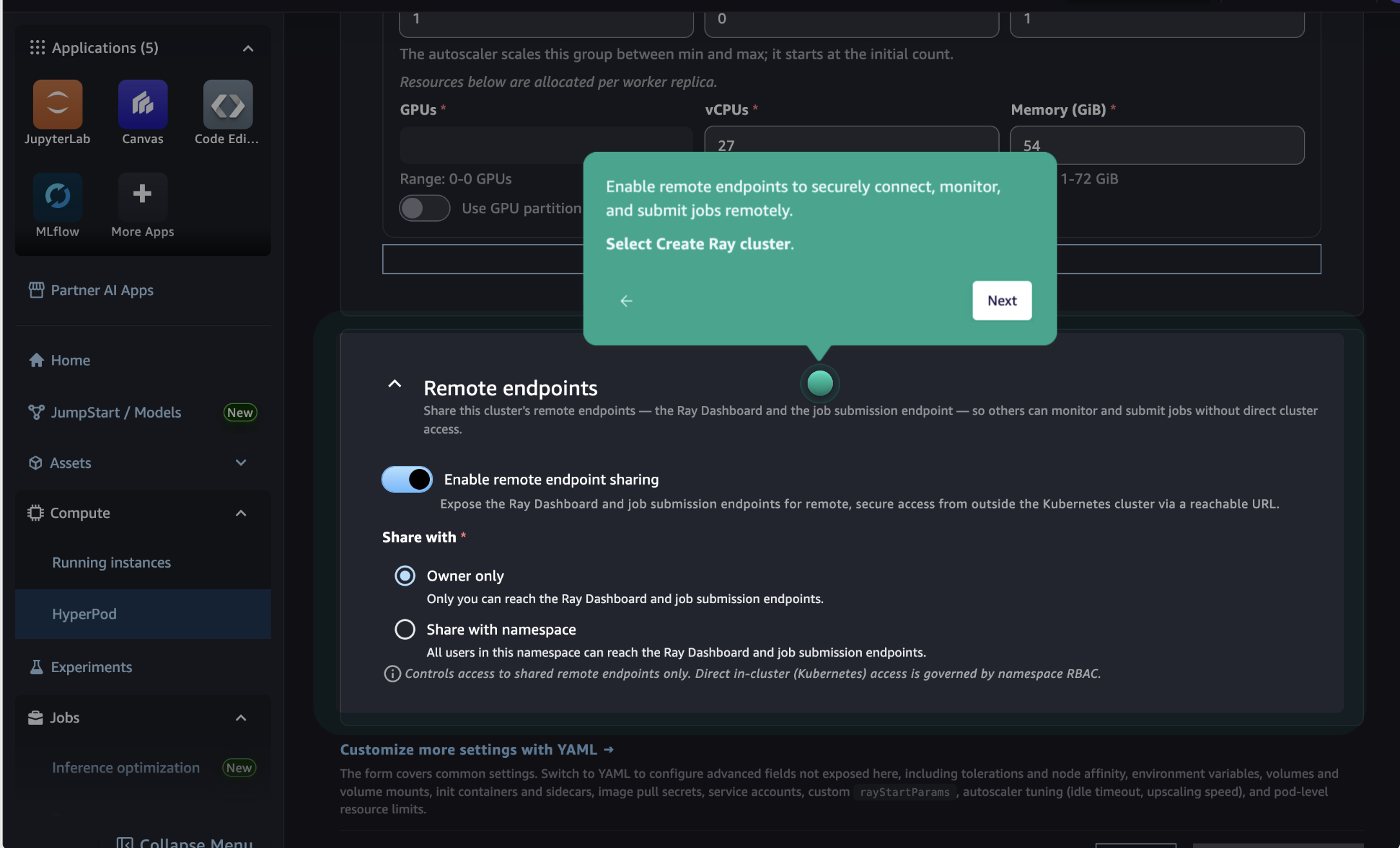 SageMaker HyperPod Ray cluster form with remote endpoints enabled