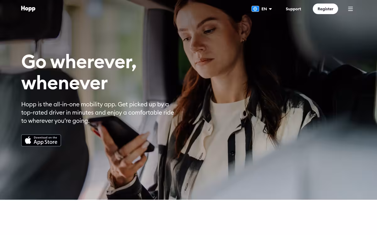 Hopp for Business homepage screenshot
